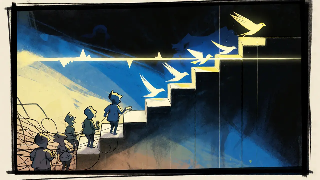 Illustration of confused figures transforming into soaring birds past a capability threshold.