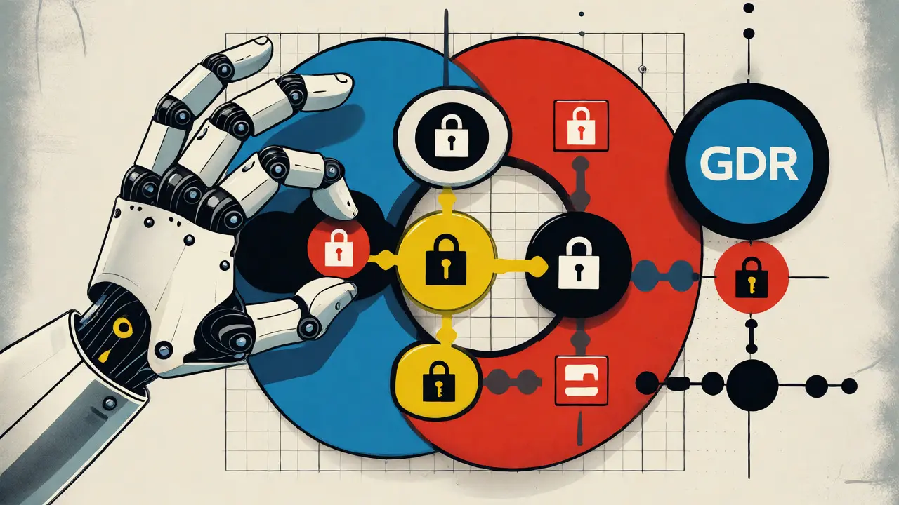Illustration of geometric control mapping where a robotic hand links security controls to regulatory frameworks.