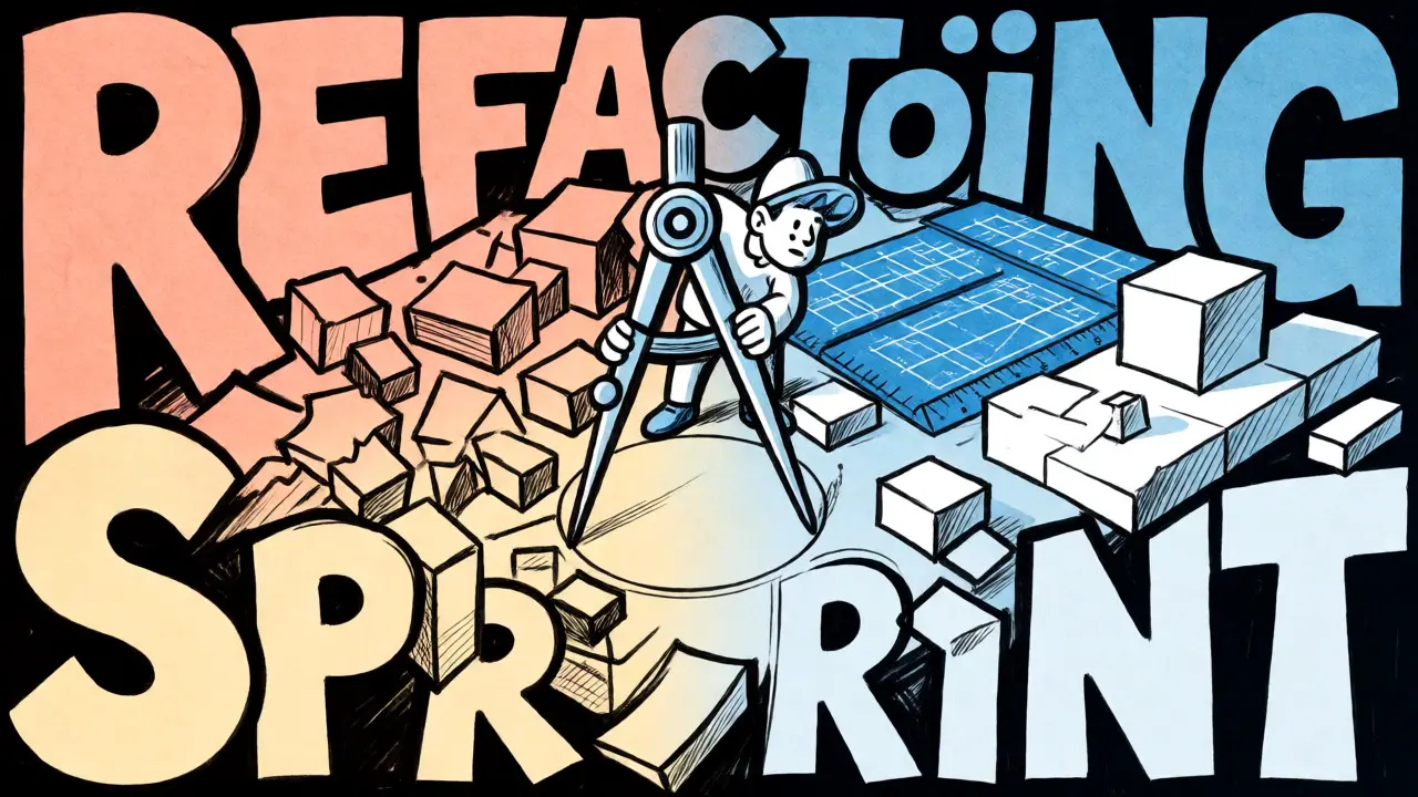 Illustration of transforming messy code into structured blueprints using geometric tools.
