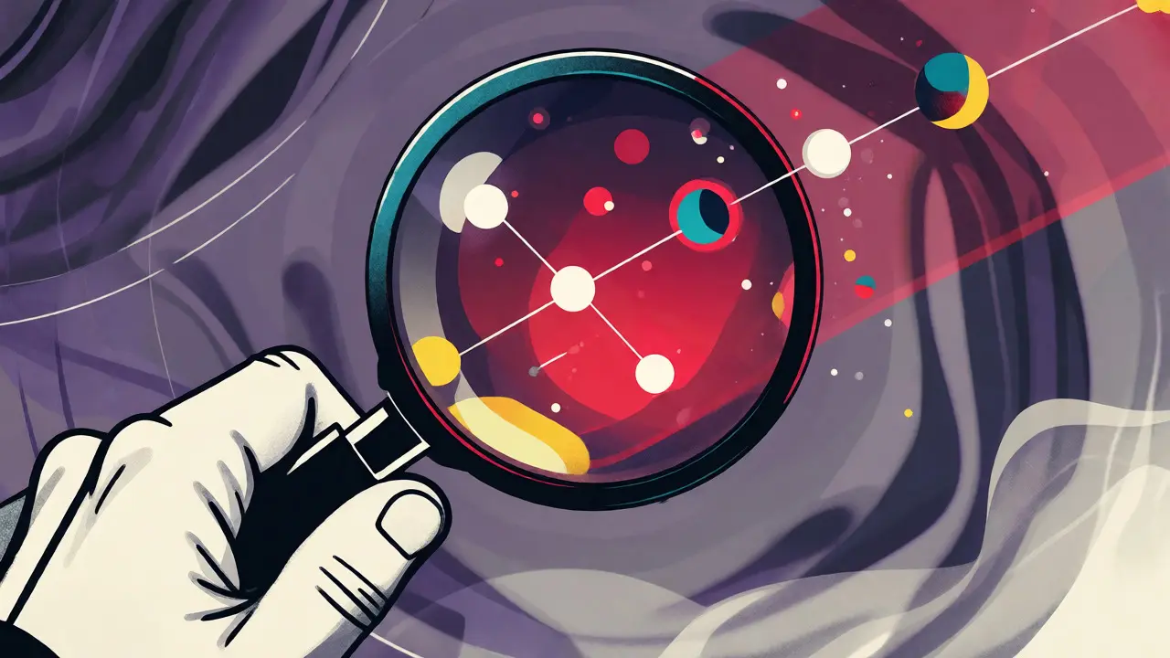 Magnifying glass focusing on a clear agent trace amidst blurry, noisy background data.