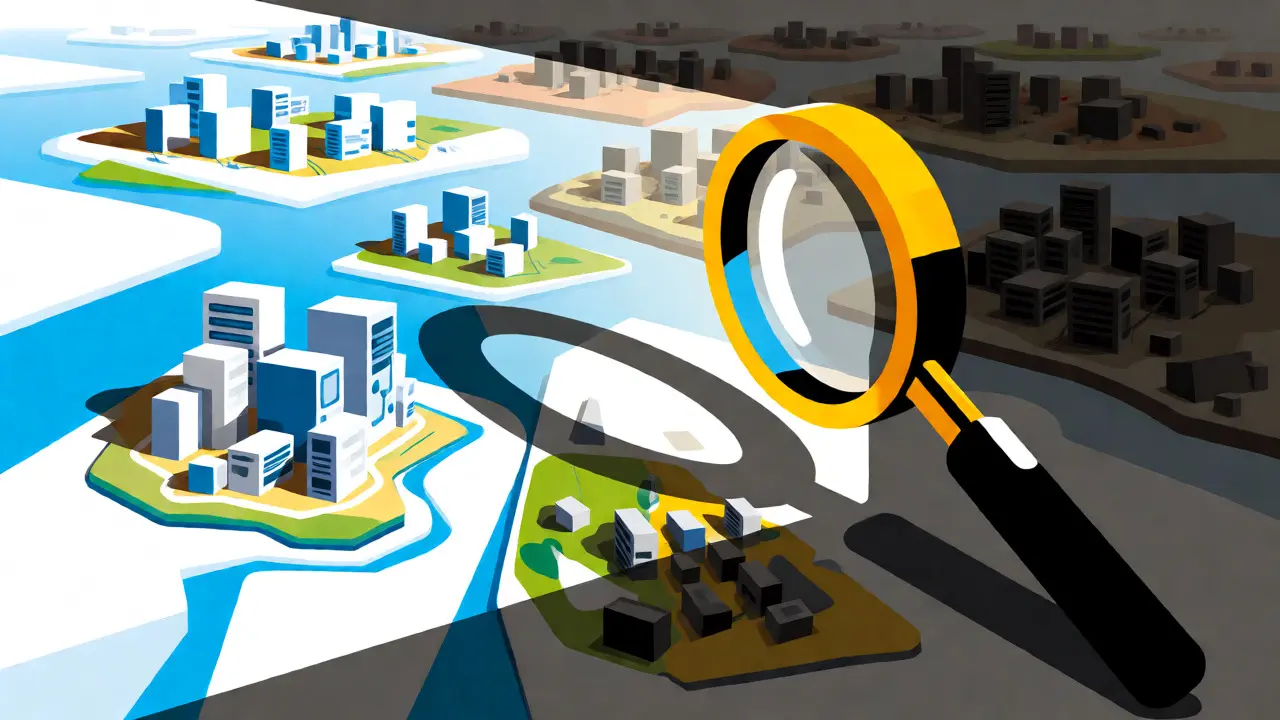 Magnifying glass illuminating digital islands representing review coverage across an IT estate.