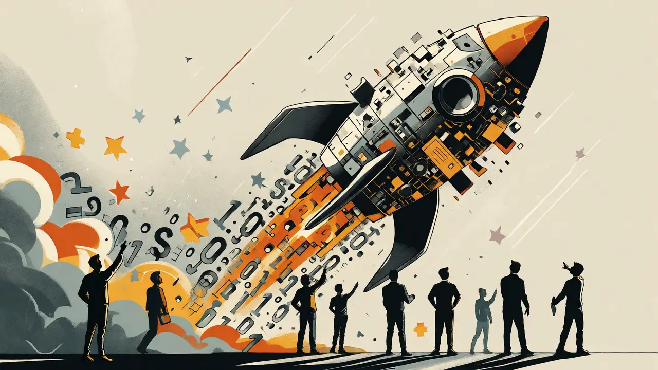 Rocket made of digital blocks launching upwards symbolizing rapid market growth