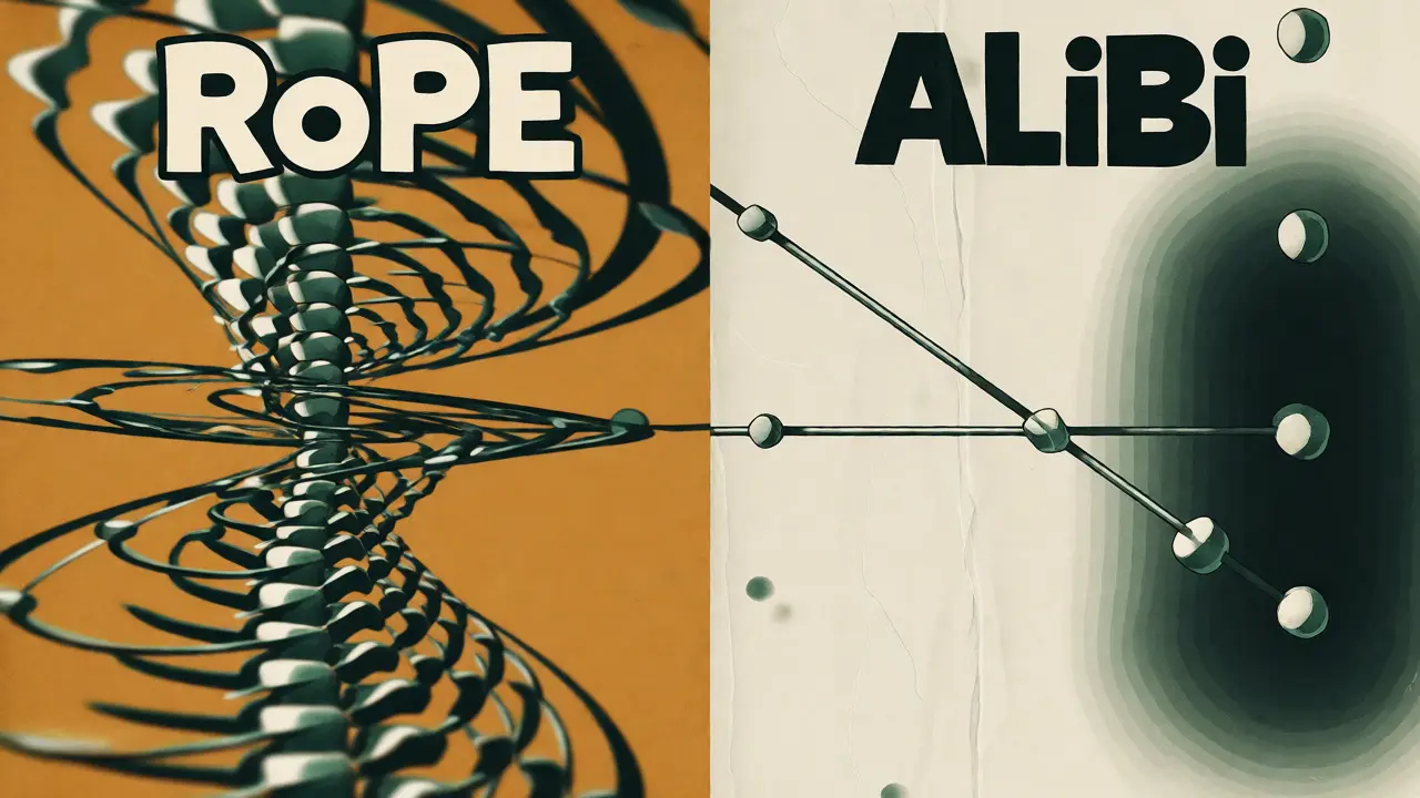 Split poster contrasting ALiBi's linear decay with RoPE's distorted extrapolation spiral.