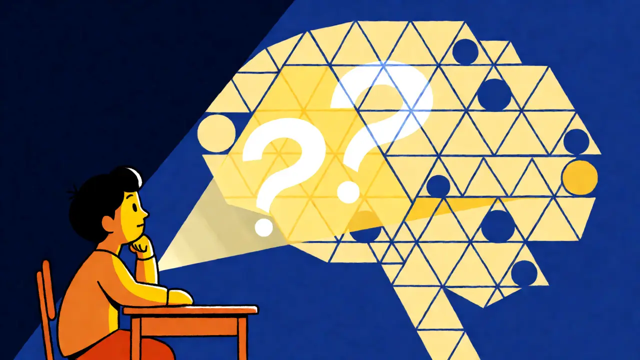Student interacting with abstract geometric AI structure emitting question mark beams