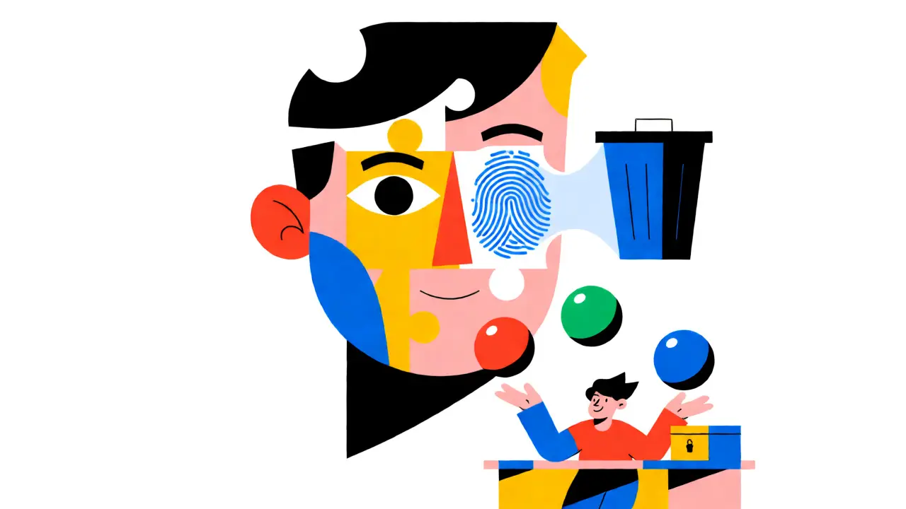 Stylized face scanning a fingerprint into a shredder while a developer juggles data orbs.
