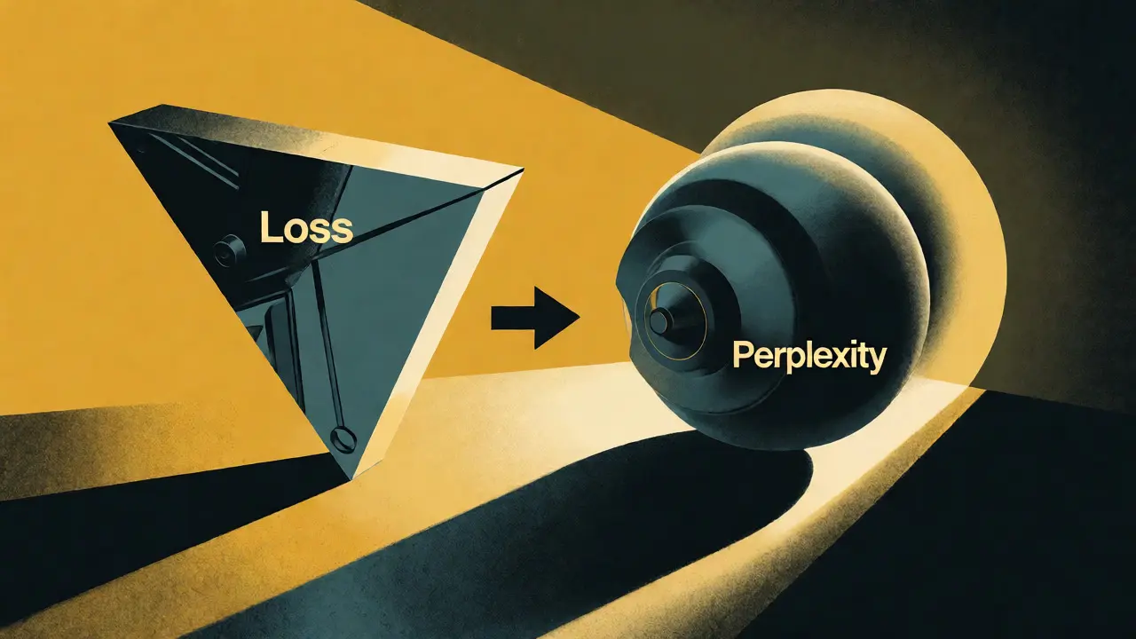 Stylized geometric shapes illustrating the conversion of loss to perplexity.