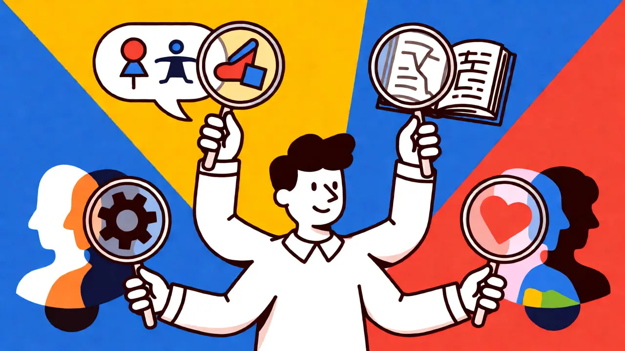 Stylized illustration of a judge evaluating AI responses using multiple criteria like culture, facts, and tone in a colorful poster style.