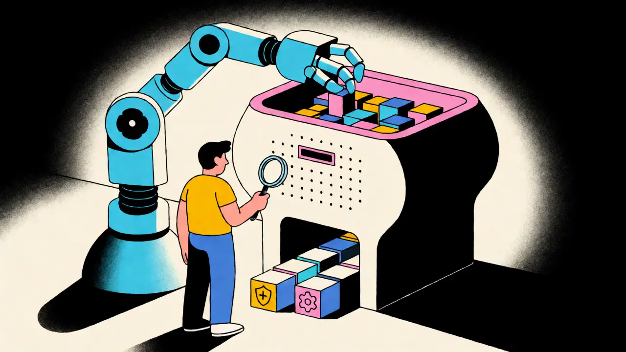 Stylized scene of human and AI collaborating to filter and organize code blocks.
