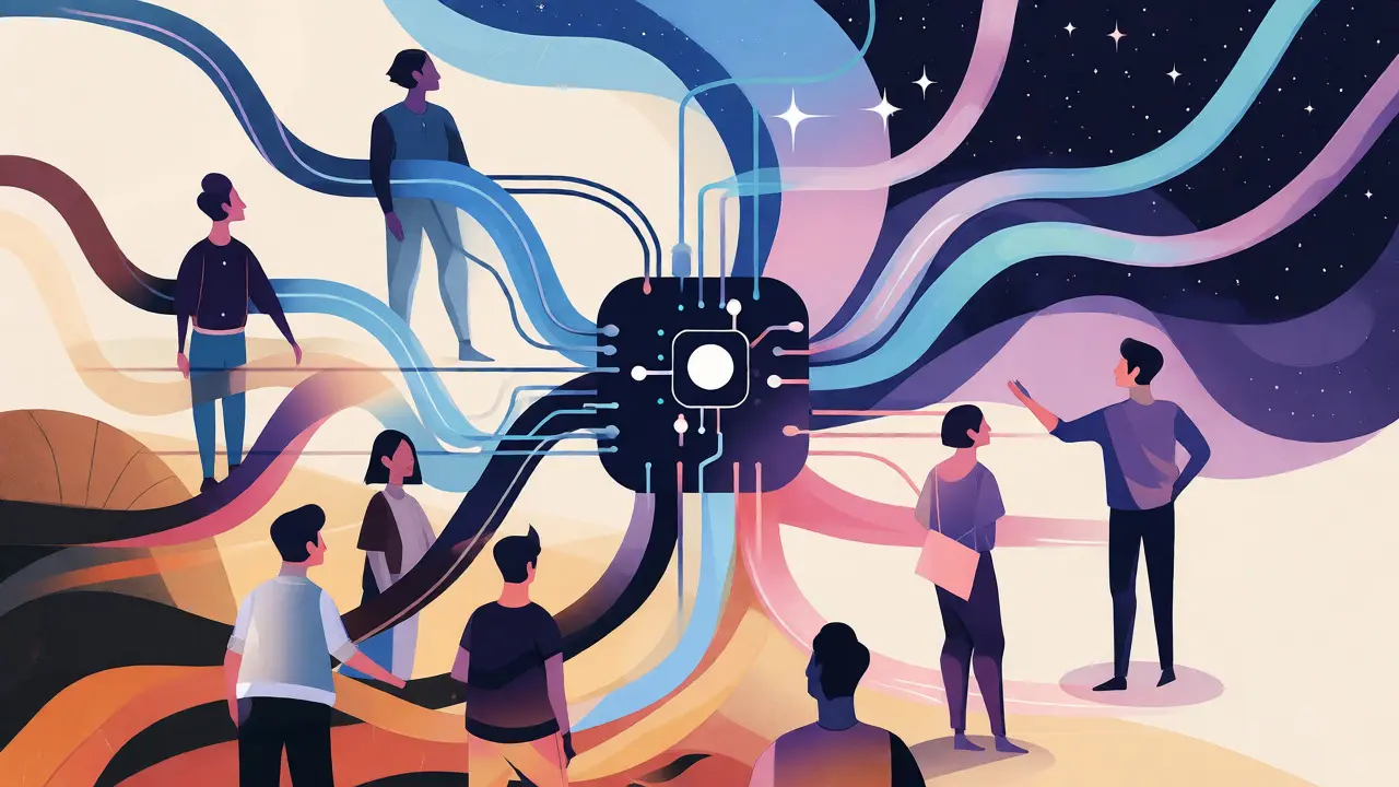 Stylized team members and AI node connected by ribbons symbolizing workflow integration.