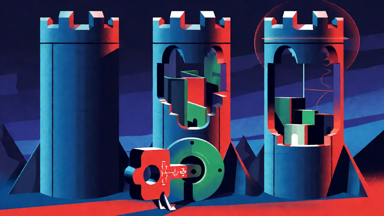 Three architectural towers representing different multi-tenancy isolation strategies.