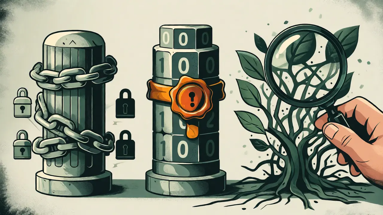 Three stylized pillars representing secured containers, weights, and dependencies in illustration style.