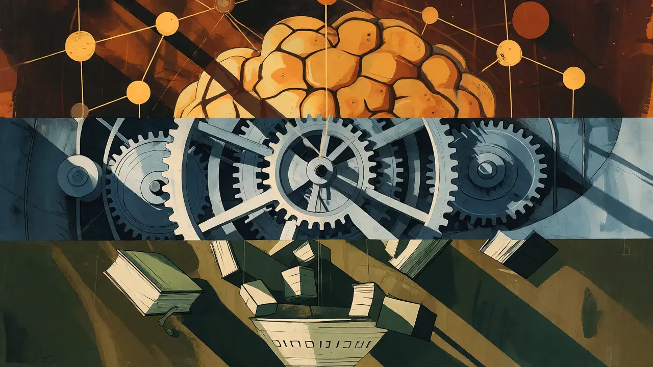 Triptych illustration showing cognitive, operational, and contextual layers of AI tracing.