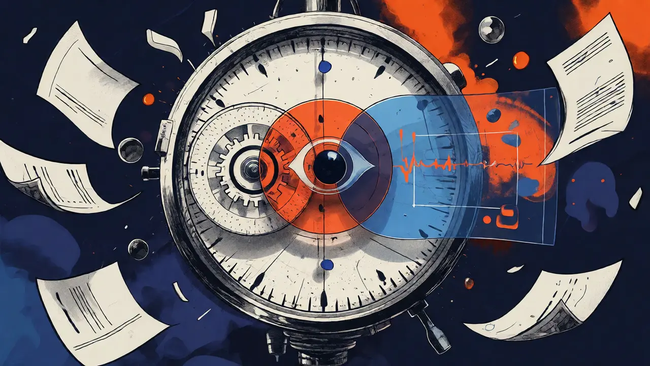 A circular gauge combining gears, eyes, and waves symbolizing continuous LLM evaluation.