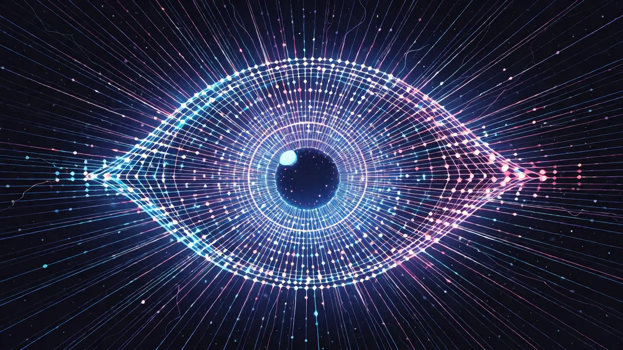 A glowing, web-like eye representing the parallel attention mechanism of Transformers.