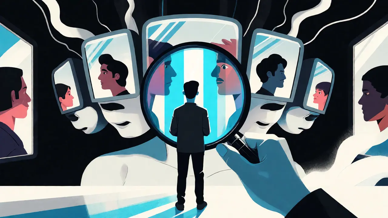 A human figure using a magnifying glass to sort diverse reflections from a multi-headed AI entity.