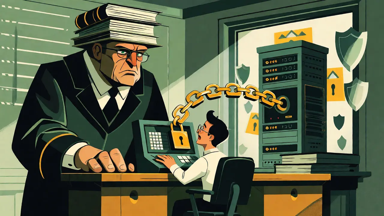 A judge made of books overseeing a worker using a locally locked server under strict regulations.