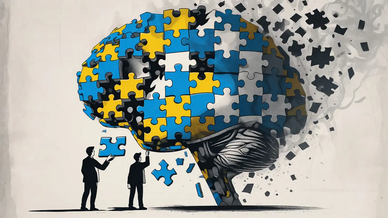 Abstract art showing selective context injection into a fragmented, brain-like data structure.