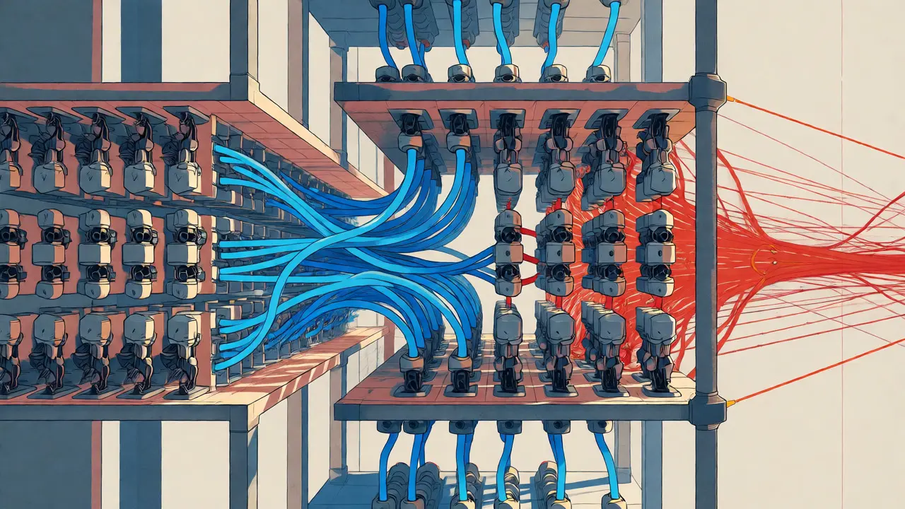 Abstract cartoon depiction of thousands of GPUs connected by NVLink and InfiniBand networks.