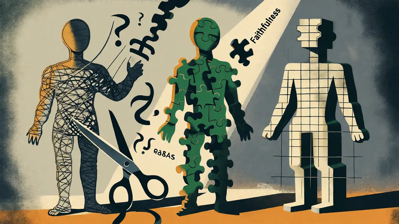 Abstract figures representing summarization, Q&amp;A, and extraction under scrutiny.