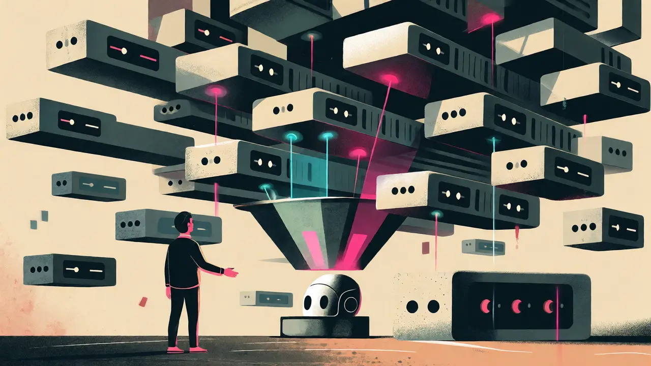 Abstract illustration of RAG system retrieving data blocks to ground AI generation.