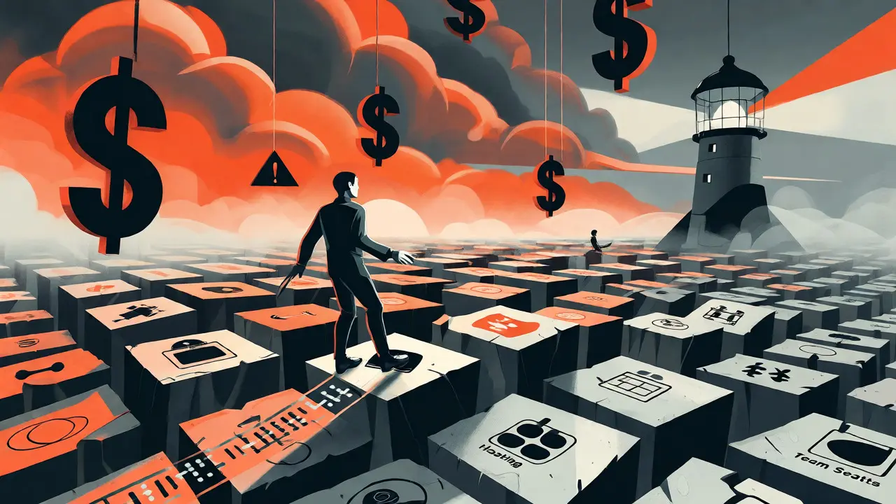 Abstract scene of a founder navigating hidden infrastructure and scaling cost traps.