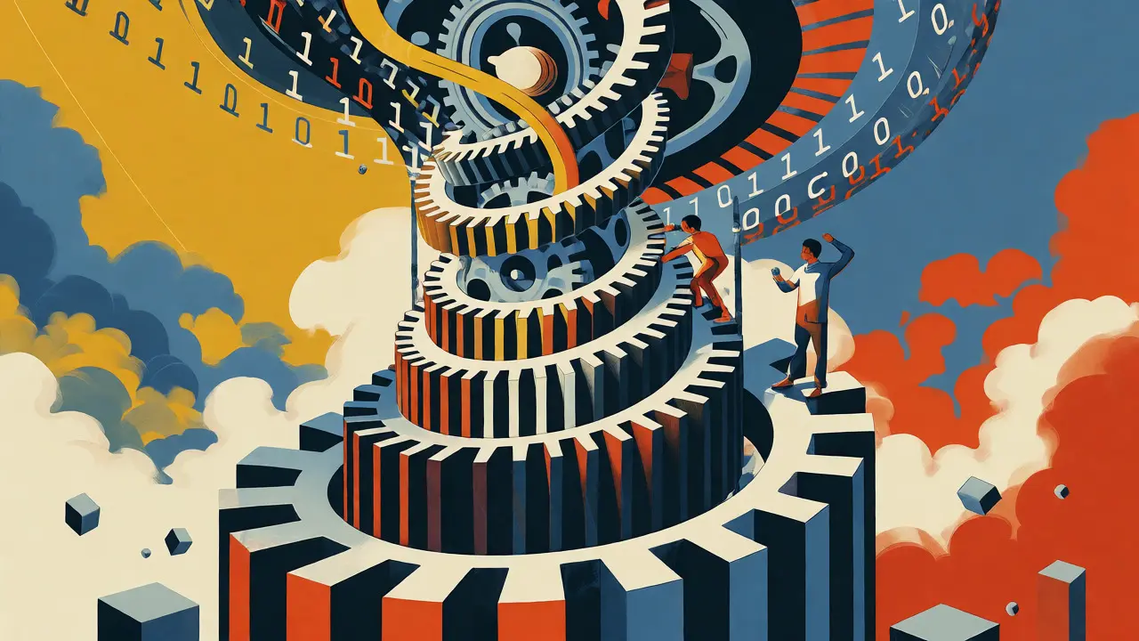 Abstract spiral of gears and code rising upward representing dynamic AI scaling evolution