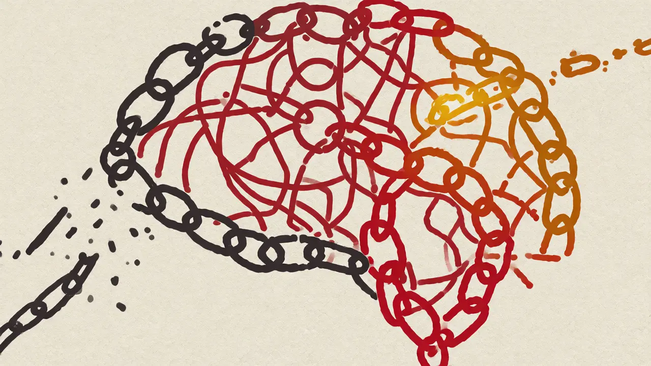 An abstract brain with breaking chains and glowing sections symbolizing RNN limitations.
