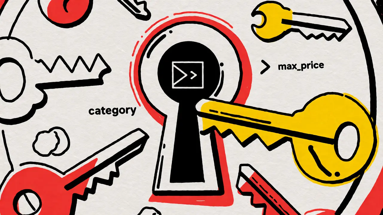 Artistic cartoon of precise keys fitting into a JSON schema lock, symbolizing strict parameter validation.