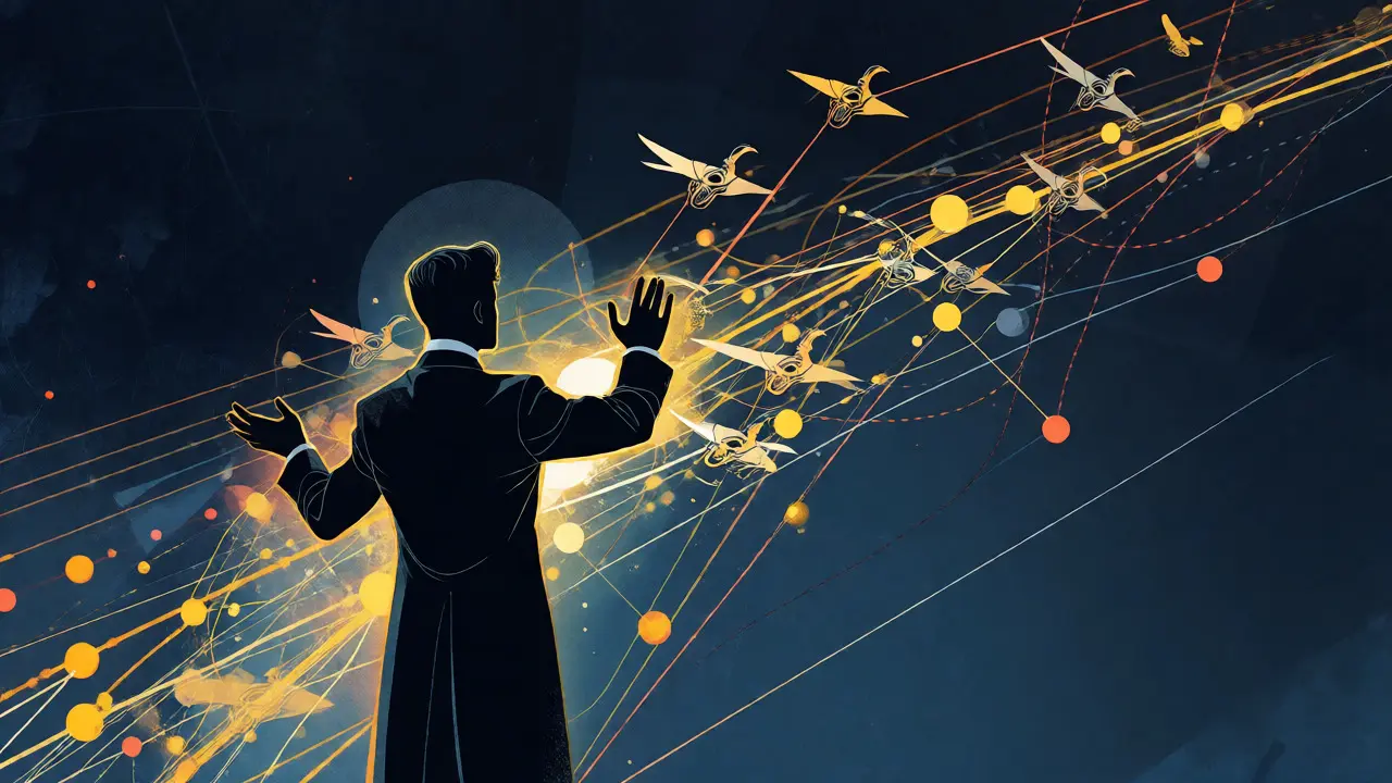 Artistic depiction of an orchestrator managing a network of colorful AI agents through glowing pathways.