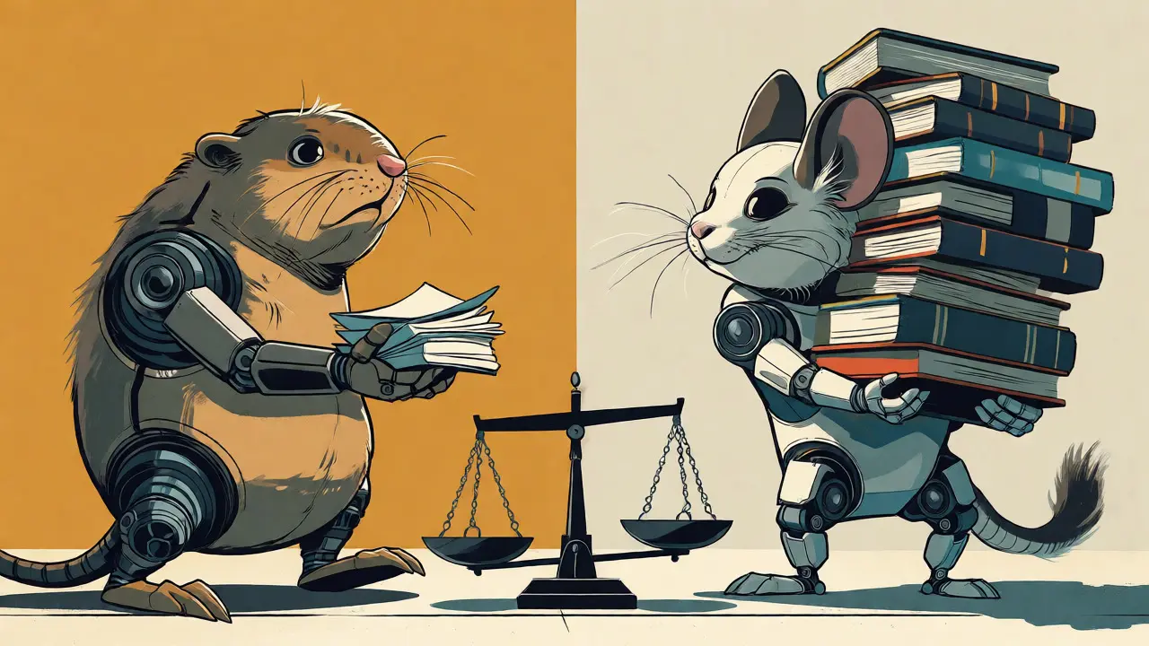 Bulky gopher robot versus agile chinchilla robot carrying books in cartoon illustration