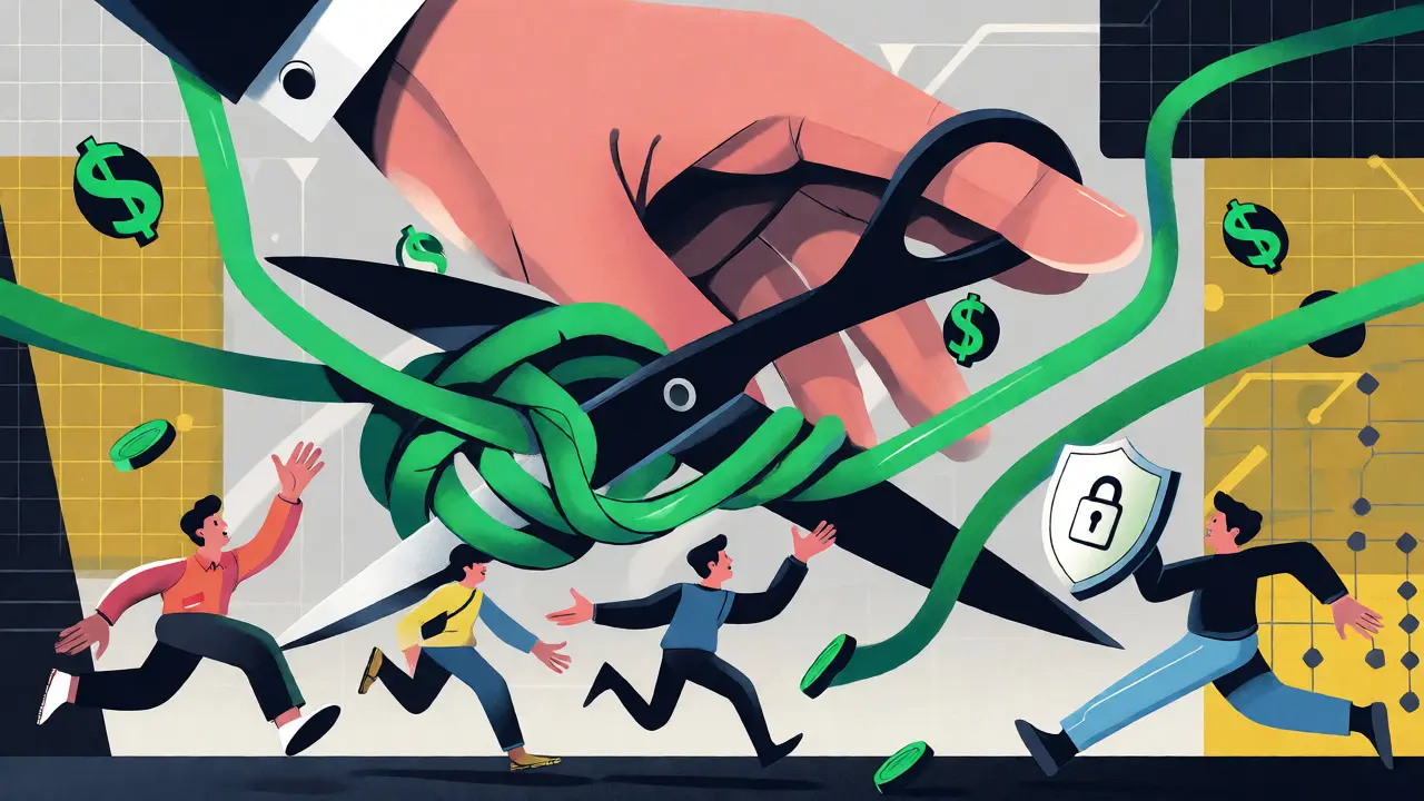 Cartoon depiction of cutting tangled budget wires while developers scramble to manage spending.