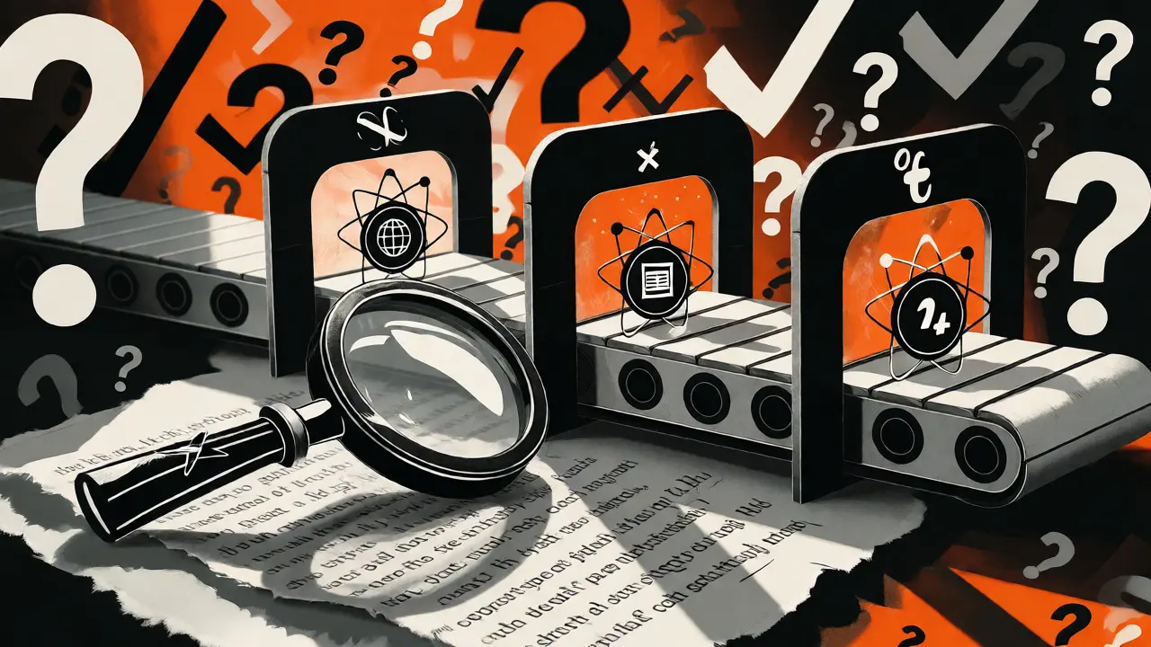 Collage-style image showing a magnifying glass filtering atomic facts through a verification pipeline.
