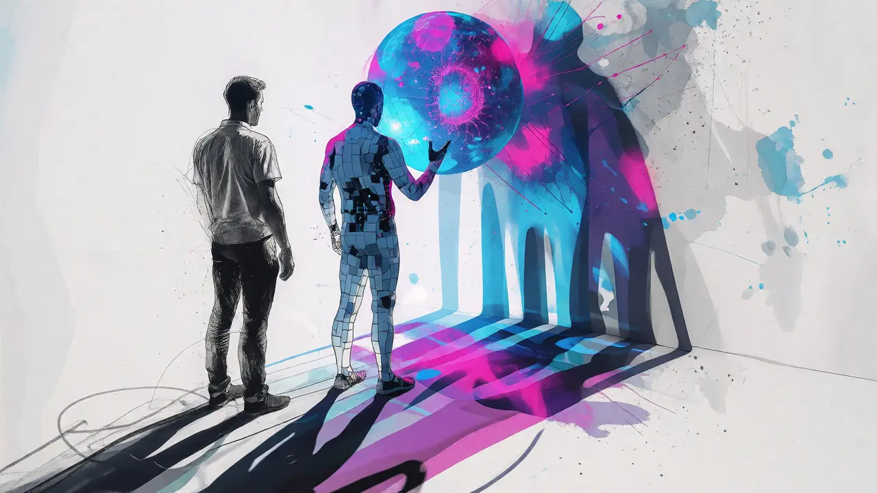 Conceptual art showing a human and a digital entity jointly analyzing a sphere of data particles.