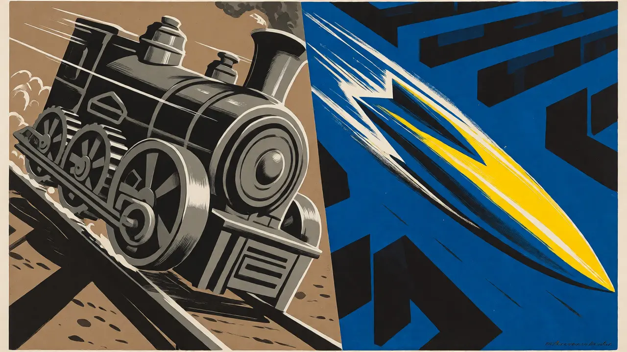 Contrast between a slow heavy machine and a fast streamlined vehicle illustrating AI efficiency.