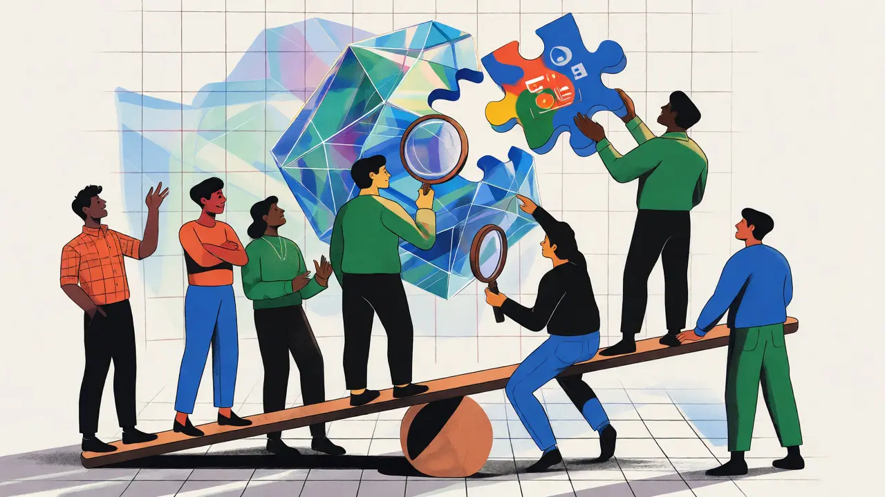 Diverse figures balancing a transparent AI model in poster art style