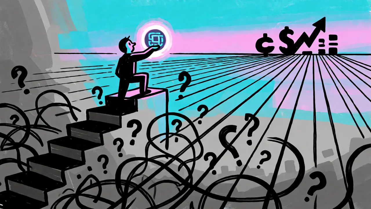 Figure ascending stairs from chaos to order, holding an AI orb, in expressive cartoon poster style.