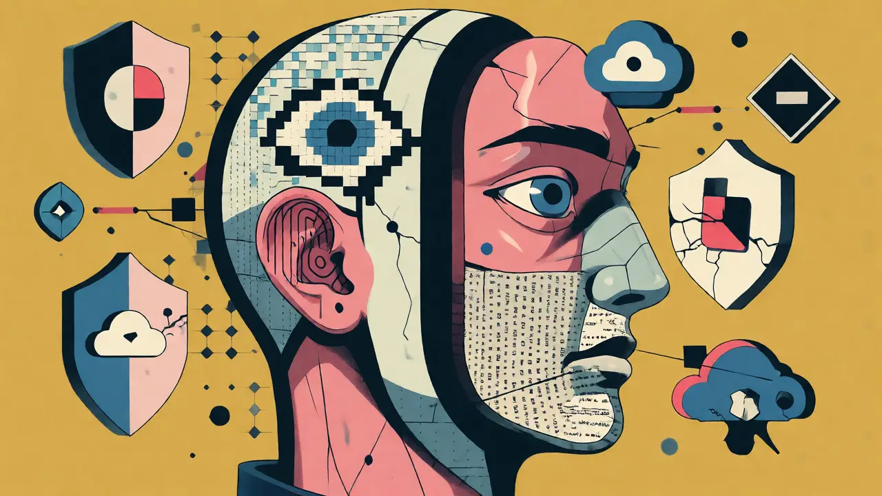 Fragmented head profile with pixel eye, sound-wave ear, and text mouth