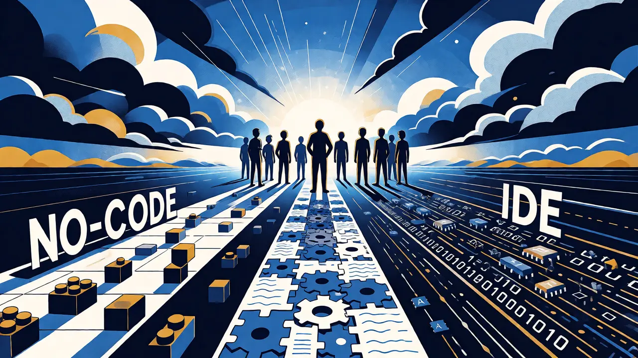 Futuristic scene where various coding approaches merge into a unified hybrid future.