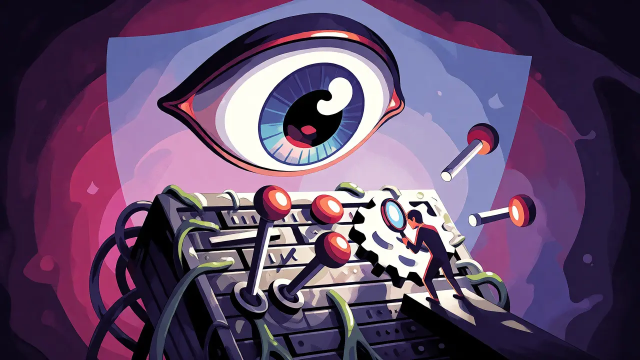 Giant eye inspecting a complex machine while a human checks gears for state drift.