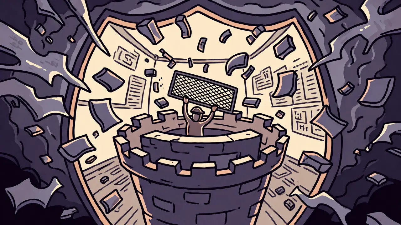 Illustration of a shielded server filtering chaotic data inputs to prevent injection attacks.