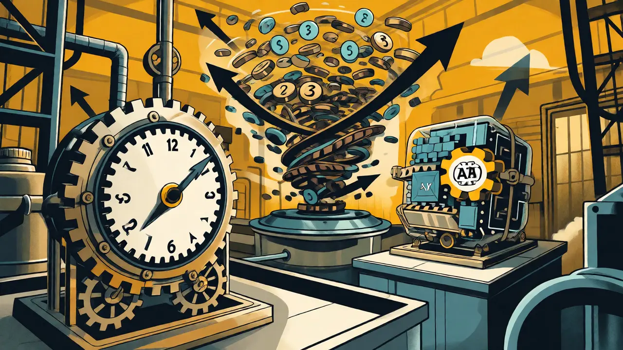 Illustration of prompt, token, and credit pricing models as mechanical metaphors.