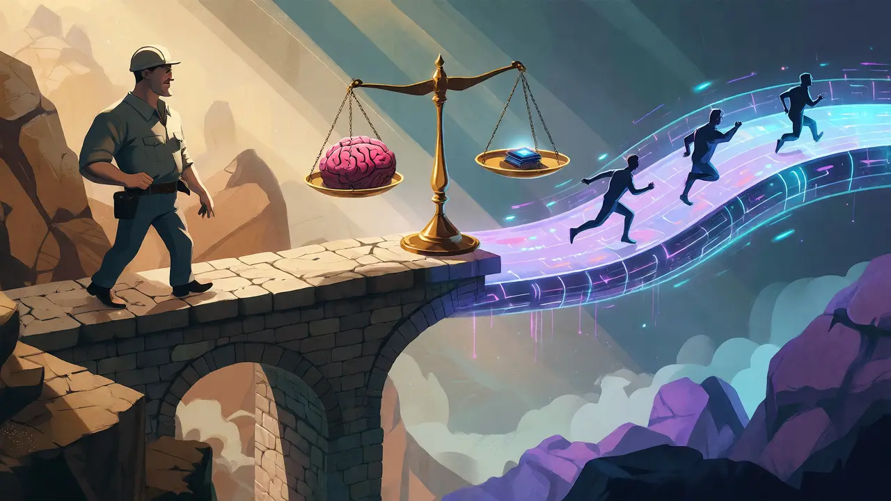 Illustration showing a balanced scale between human engineering and AI-driven rapid prototyping.