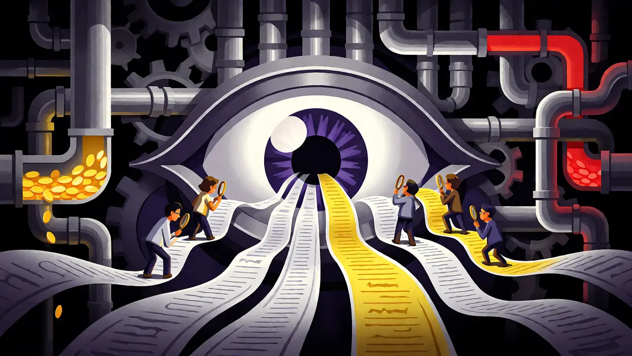 Mechanical AI eye scanning data streams overseen by human reviewers with magnifying glasses.