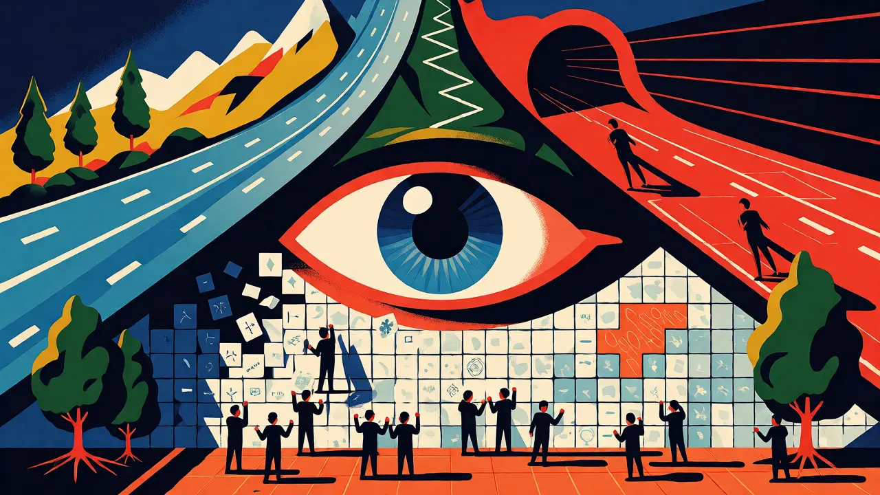 Oversight eye scanning three AI pathways as workers build a structured model portfolio wall.