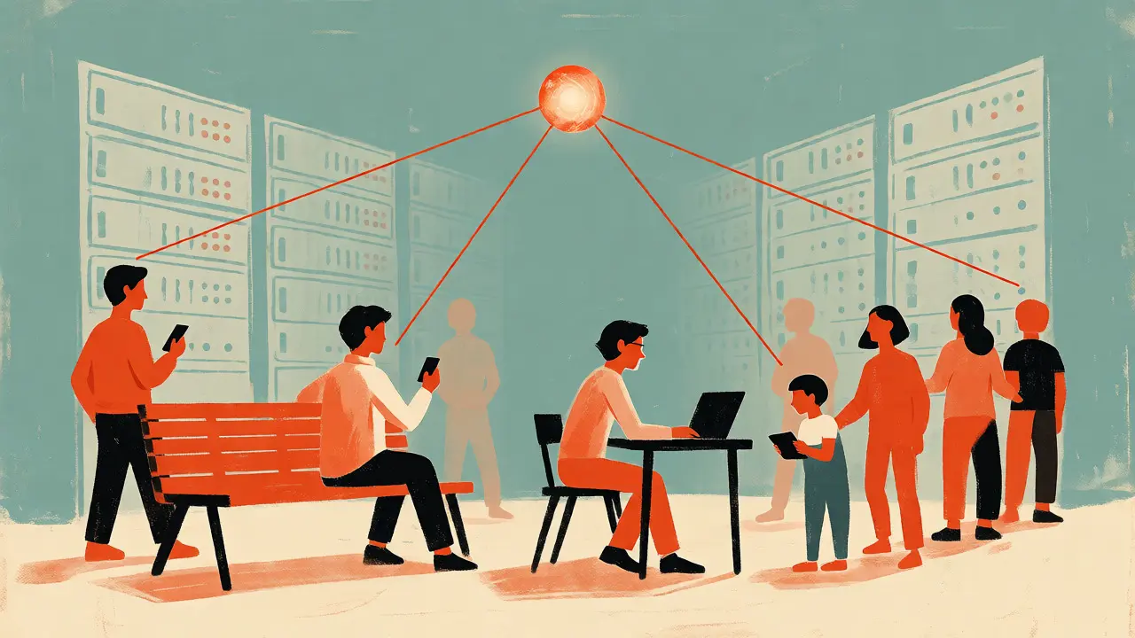 People using devices connected to a central local AI orb, replacing distant server racks.