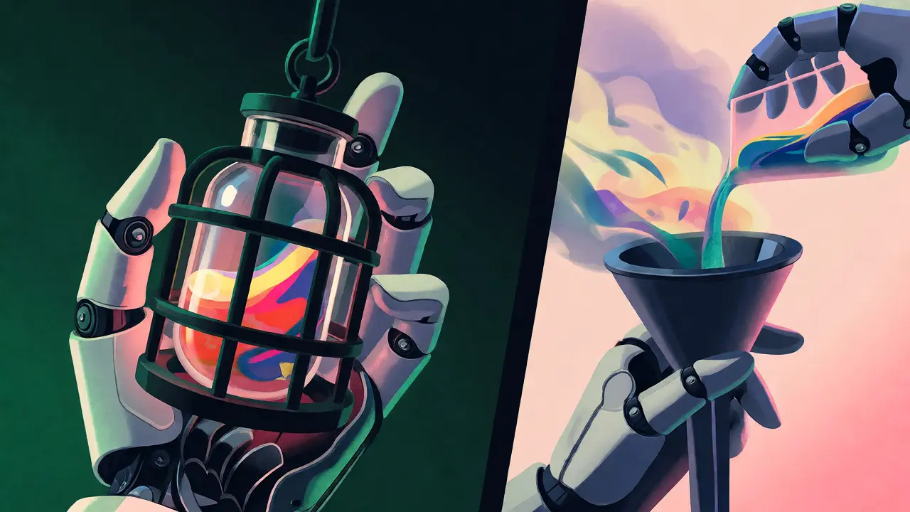 Robot hands comparing secure data retention versus evaporating data to show privacy trade-offs.
