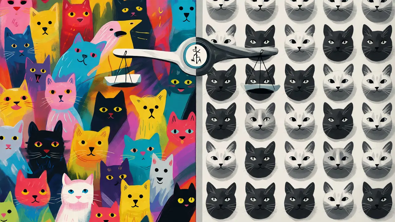 Split illustration contrasting diverse colorful animals with repetitive gray cats under a balance scale.