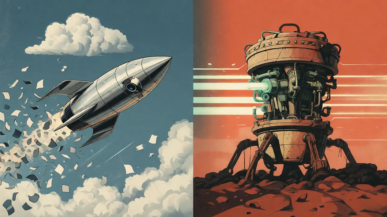 Split scene contrasting a leaking cloud rocket with a grounded, powerful local engine mechanism.