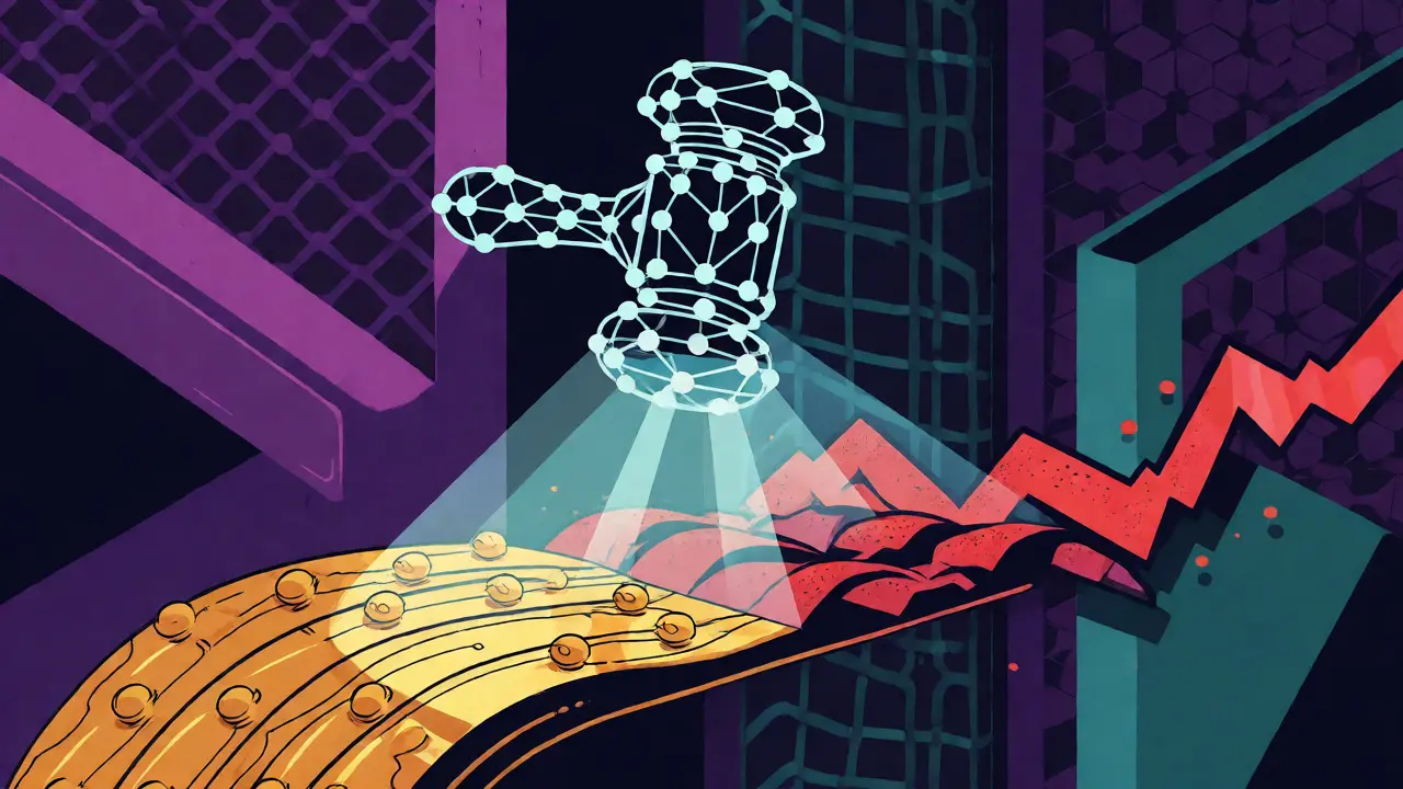Stylized AI judge analyzing two different data streams with beams of light.