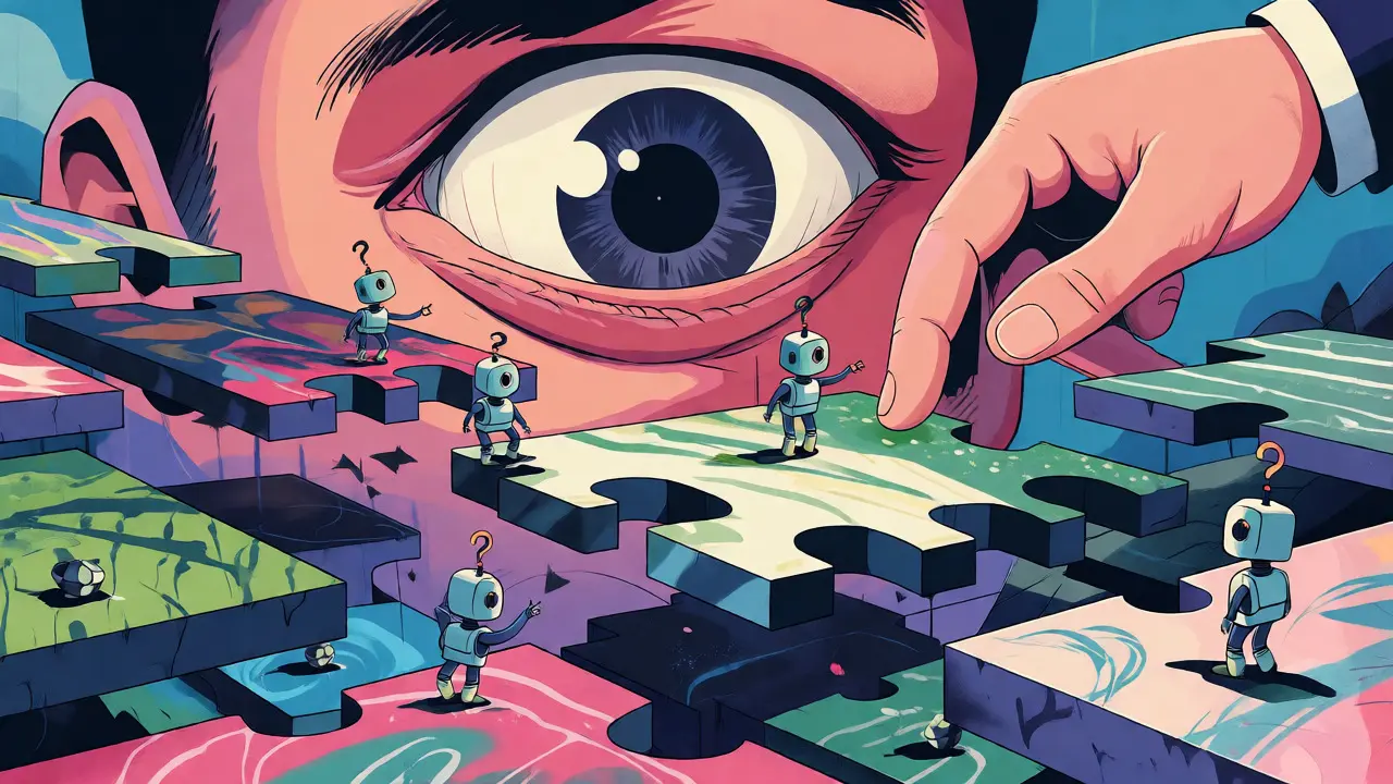 Stylized eye overlooking floating image islands being assembled by small robots and a human hand.